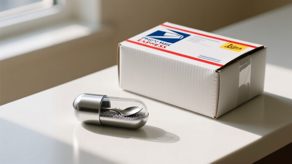 Sealed silver capsule with a teaspoon of fine grey ashes next to a padded shipping box and a USPS Priority Mail Express label.