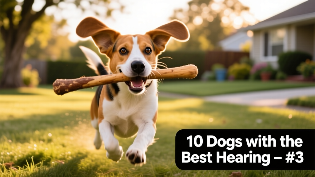Happy beagle dog with flying ears running outdoors with stick in mouth