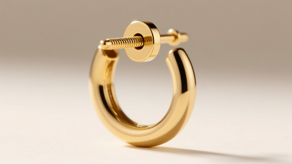 Close-up of a 14k gold post-back micro-huggie hoop earring secured with a flat-disc screw back, showing the threaded post detail.