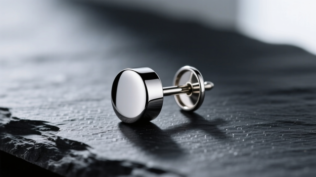 Macro shot of a polished ASTM F136 titanium earring post resting on dark slate, highlighting the smooth mirror finish, high detail.