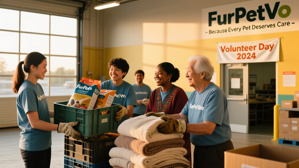 A diverse group of volunteers—of different ages and backgrounds—working together to unload pet food, blankets, and crates at a FurPetVo community distribution center