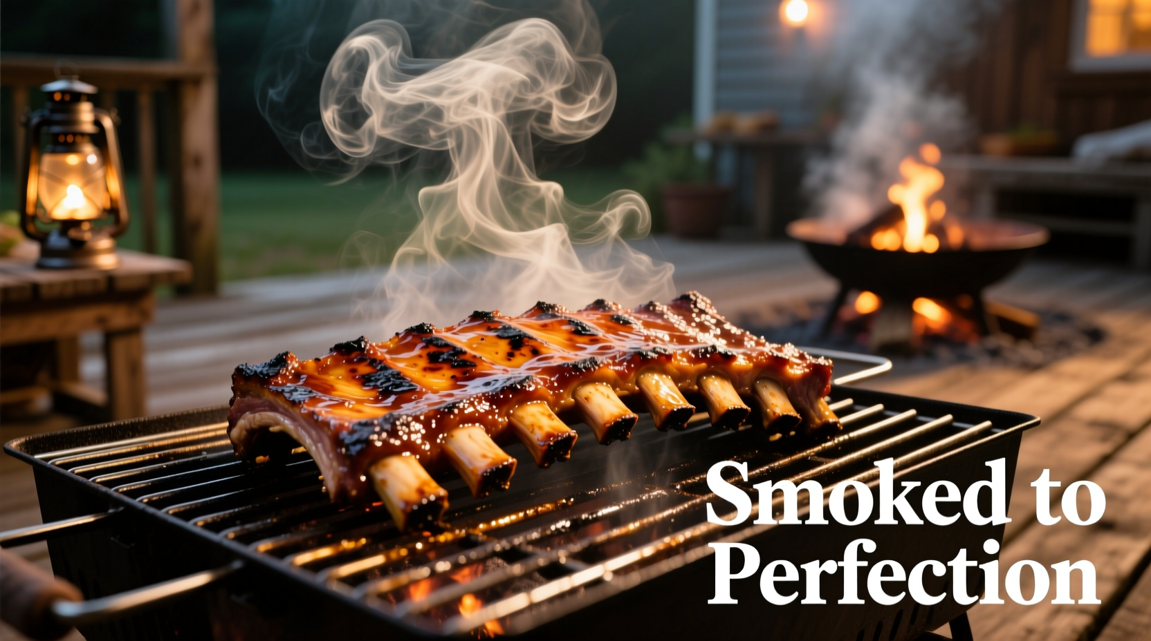 Perfectly cooked ribs on a grill with smoke