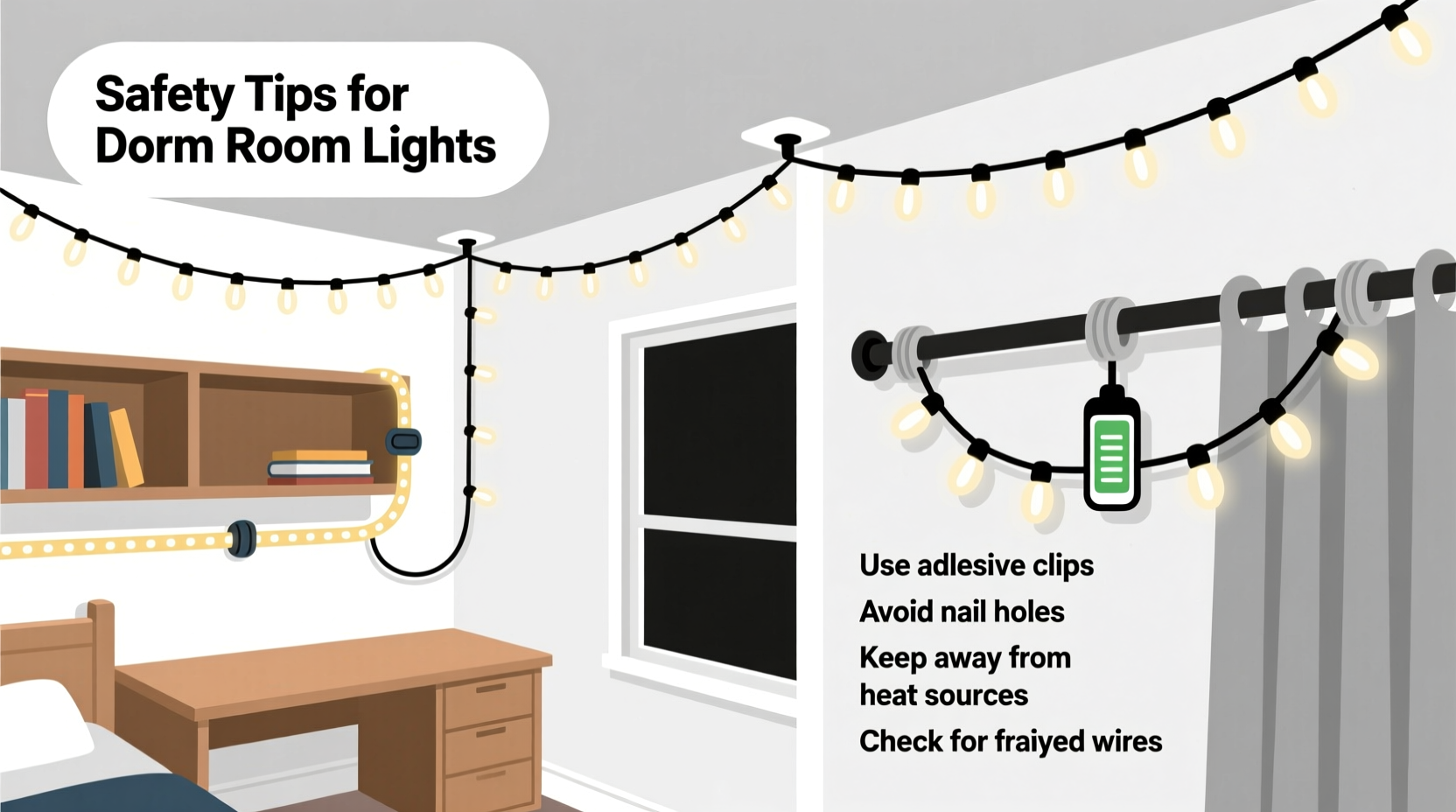 how to hang fairy lights safely in a dorm room without damage