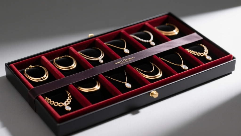 Anti-tarnish box displaying coiled necklaces separated by velvet dividers, with a dark anti-tarnish strip resting on the fabric.