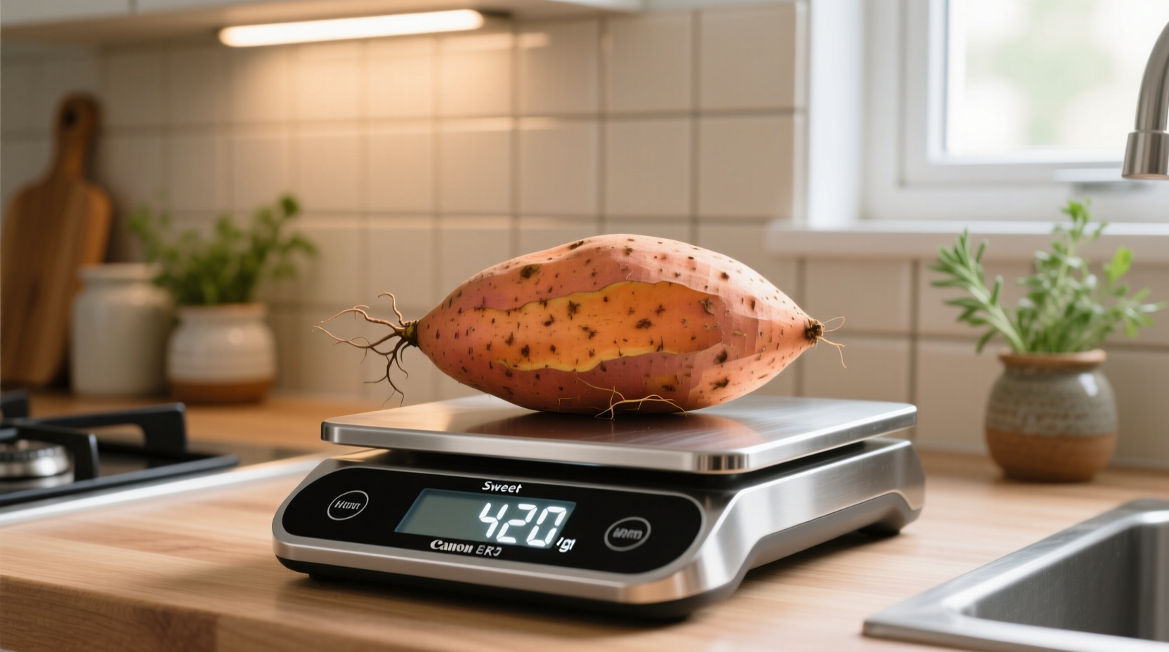 Medium sweet potato on kitchen scale showing weight