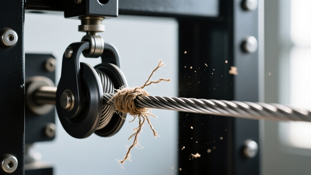 Close up of a frayed nylon cable on a dual adjustable pulley machine being replaced with a new steel aircraft cable for safety compliance