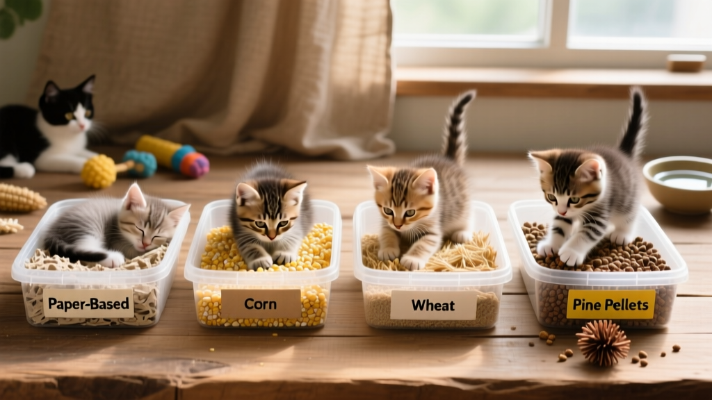 Side-by-side comparison of four safe, natural kitten litters: paper-based, corn, wheat, and pine pellets