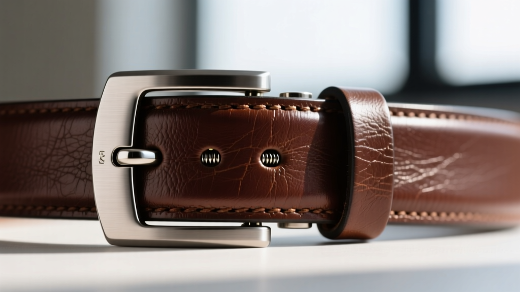 Macro shot of a quick-release magnetic clasp on a leather collar, showing brushed titanium and secure locking mechanism close-up