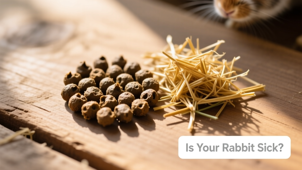 Top-down photo of fresh, uniform rabbit droppings beside a small pile of timothy hay