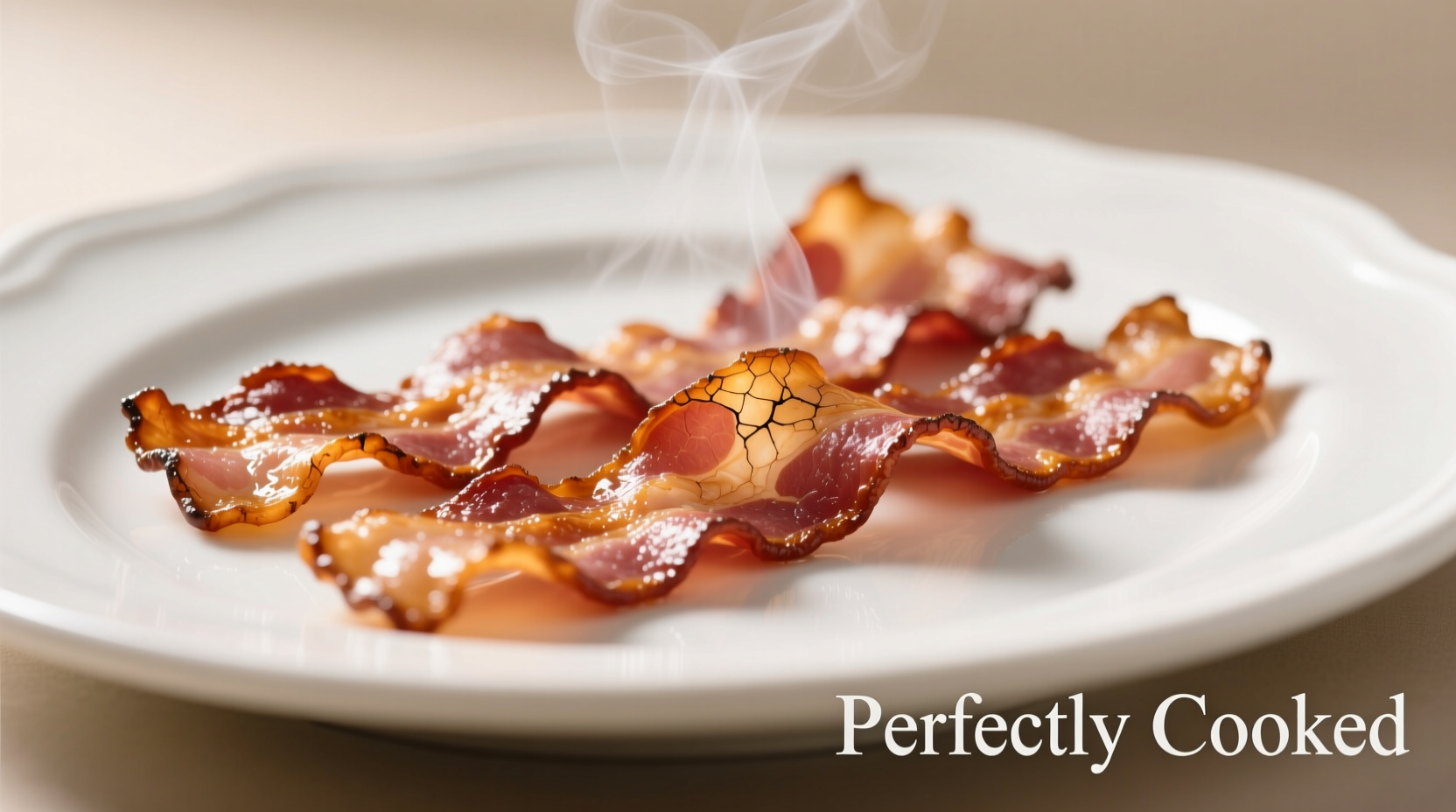 Perfectly cooked bacon strips on a white plate