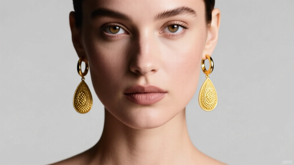 Close-up of a model wearing 18k yellow gold drop hoop earrings with a textured teardrop pendant, soft studio lighting