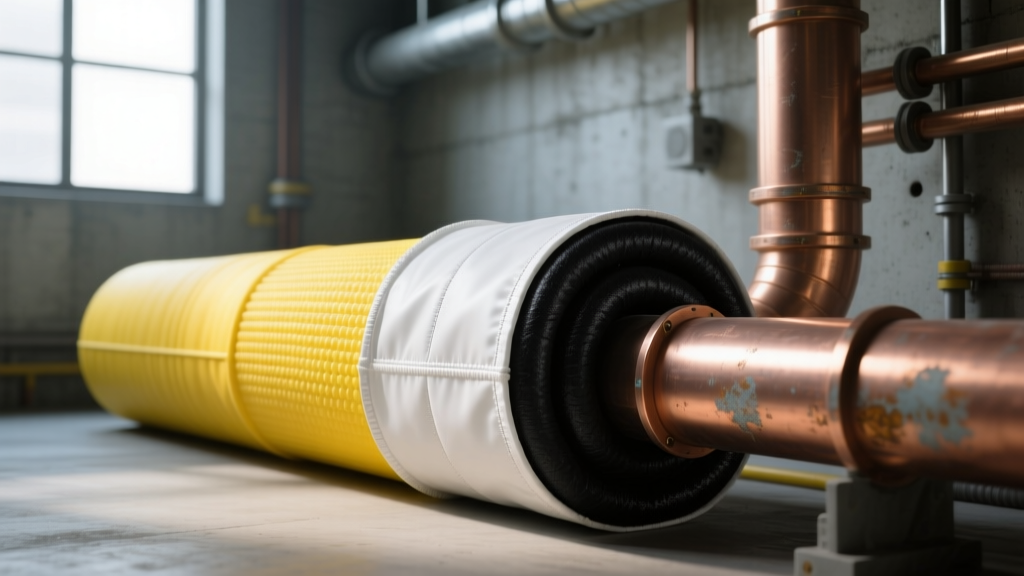 Yellow fiberglass pipe insulation with white jacketing next to black elastomeric foam insulation on copper HVAC piping in a mechanical room