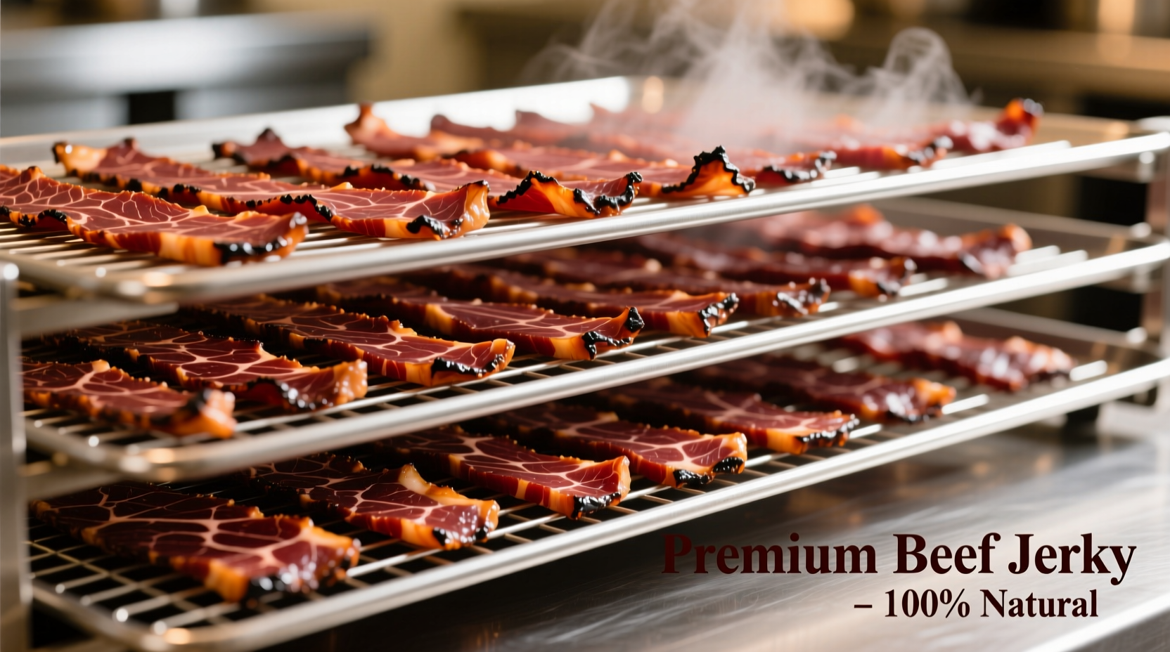 Beef jerky strips arranged on dehydrator trays