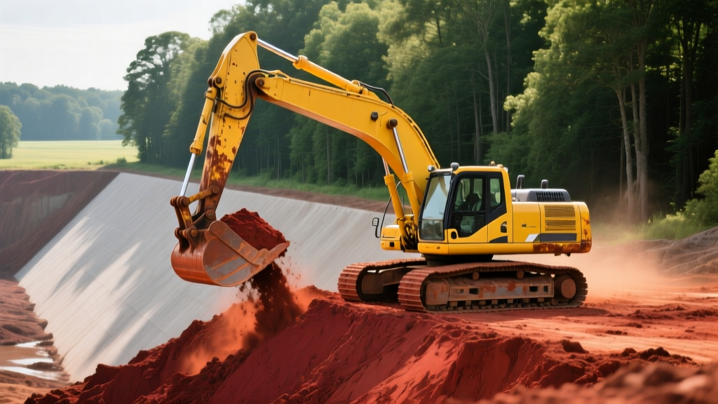 Heavy yellow excavator moving compacted red clay soil to form an embankment for a rural earthfill dam near a wooded property line