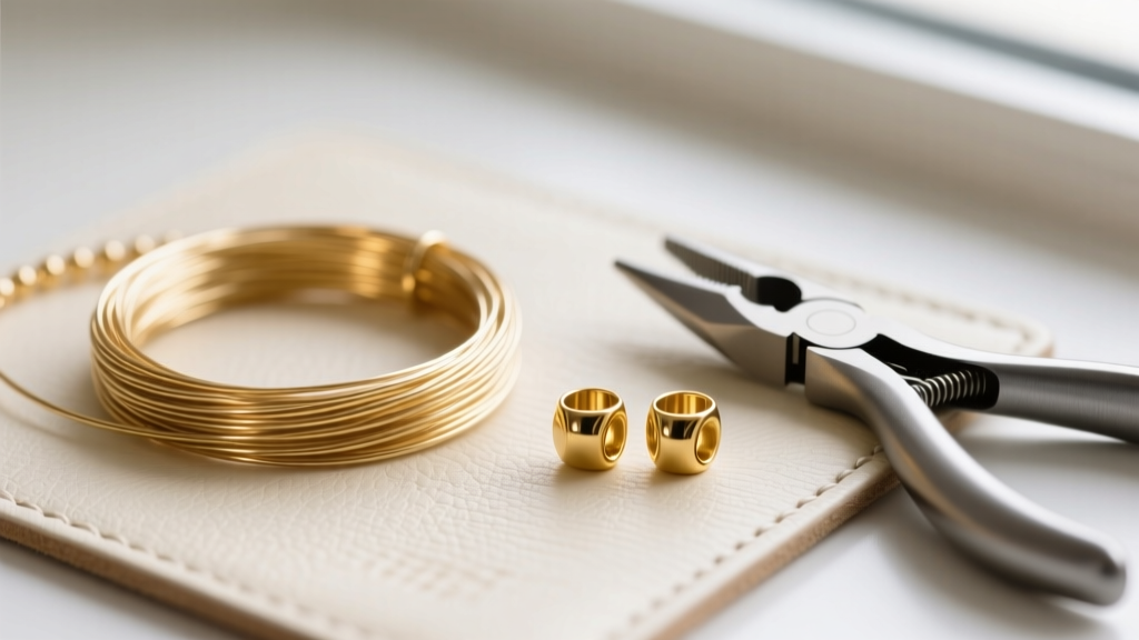 Close-up of 49-strand nylon-coated steel beading wire, 2x2mm gold-filled crimp tubes, and micro crimping pliers on a jewelry mat.