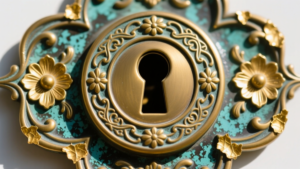 Macro shot of an ornate gold-leafed bronze door escutcheon and keyhole cover, highlighting the textured metallic patina and detail