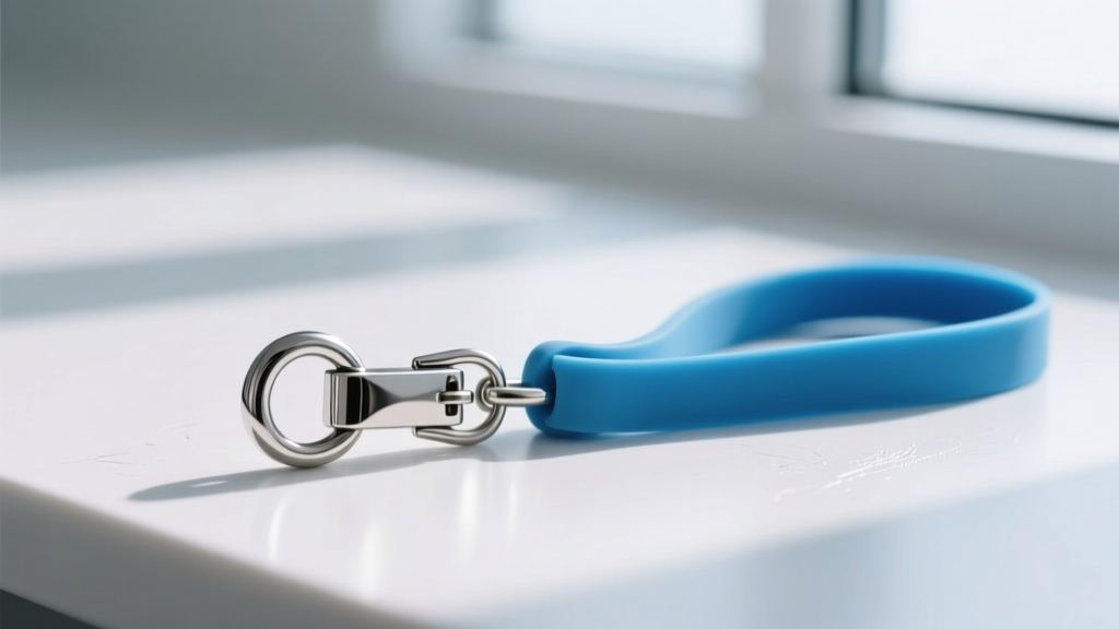 Close-up of a stainless steel medical pendant chain clasp beside a waterproof silicone lanyard resting on a clean white surface