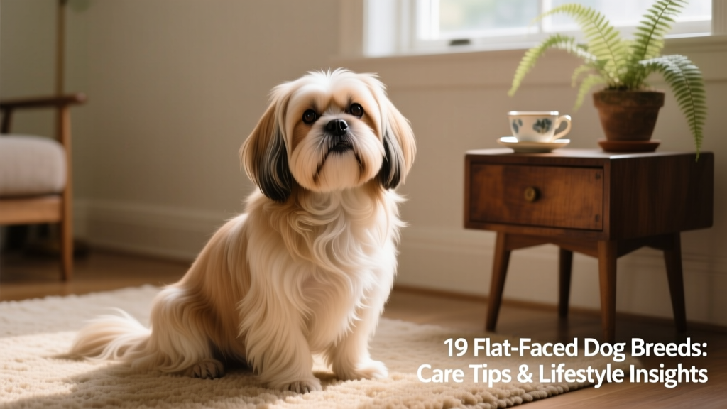 A Shih Tzu sitting calmly indoors, showing off its long coat and expressive flat face