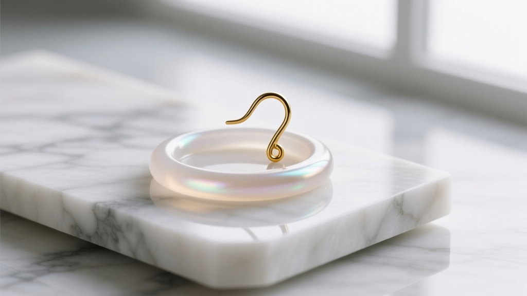 Close-up of a clear silicone earring converter pad with a delicate gold hook resting on white marble, soft natural lighting.