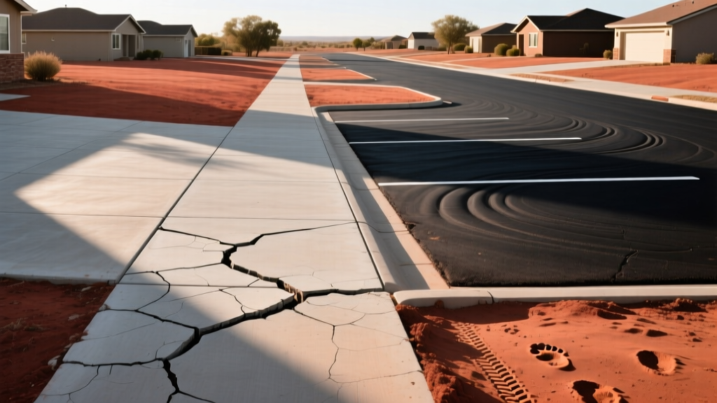 Severely cracked concrete driveway adjacent to a flexible asphalt parking lot built on reddish expansive clay soil in a suburban neighborhood