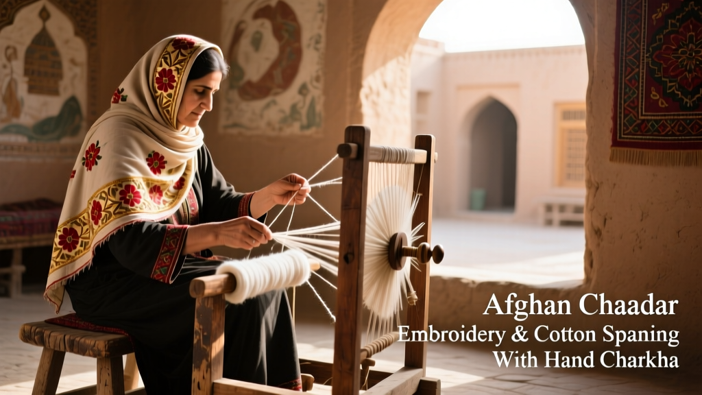 Afghan Chaadar Embroidery And Cotton Spinning With Hand Charkha