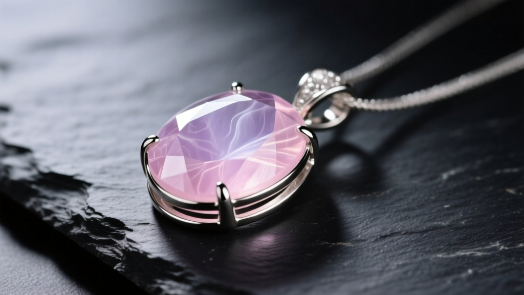 Macro shot of a polished rose quartz pendant in a sterling silver bezel, resting on dark slate with soft, diffused lighting