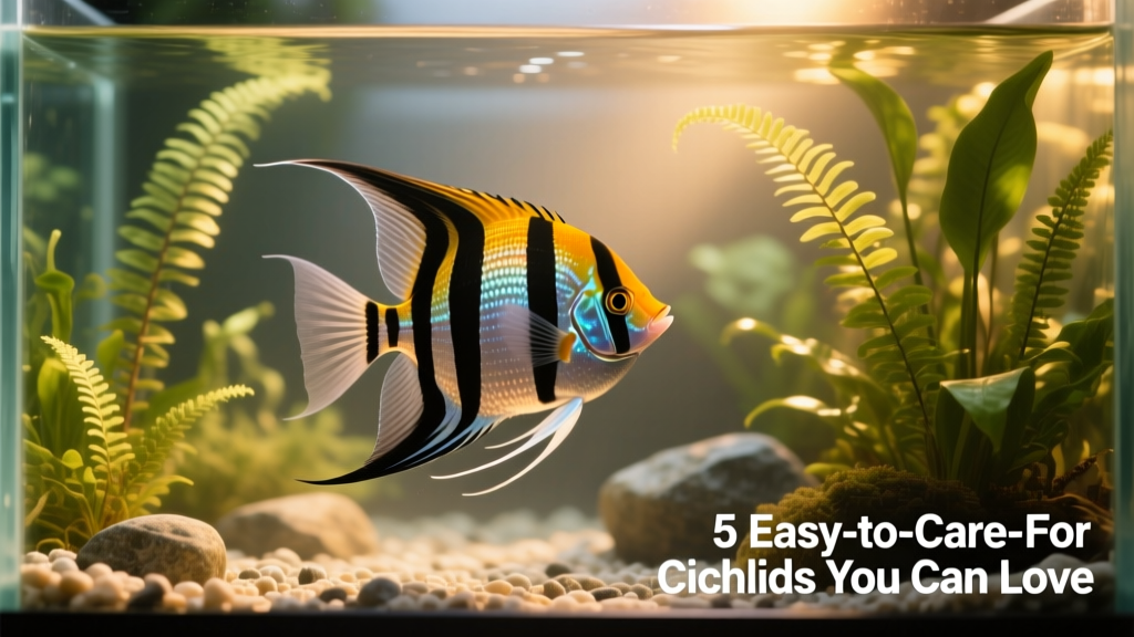 A mature angelfish gliding gracefully past tall aquatic plants in a well-maintained community aquarium