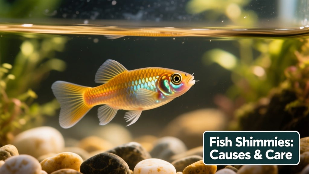 Close-up of a molly fish exhibiting subtle shimmying behavior—slight lateral rocking while hovering near the surface