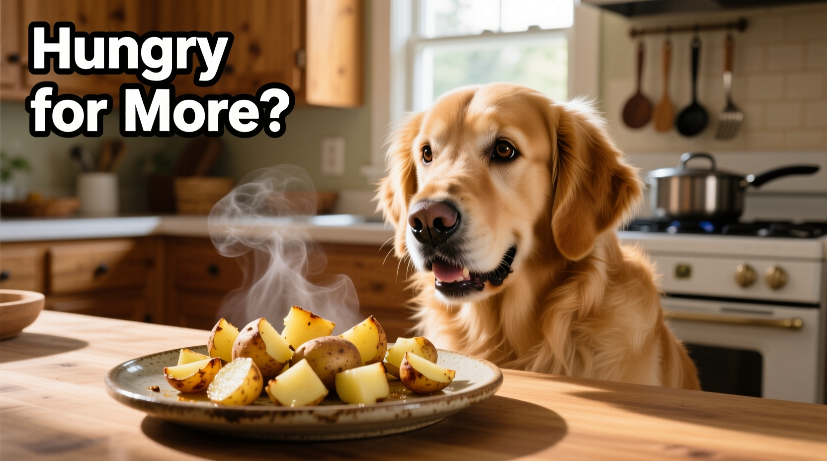 Golden retriever looking at cooked potato pieces