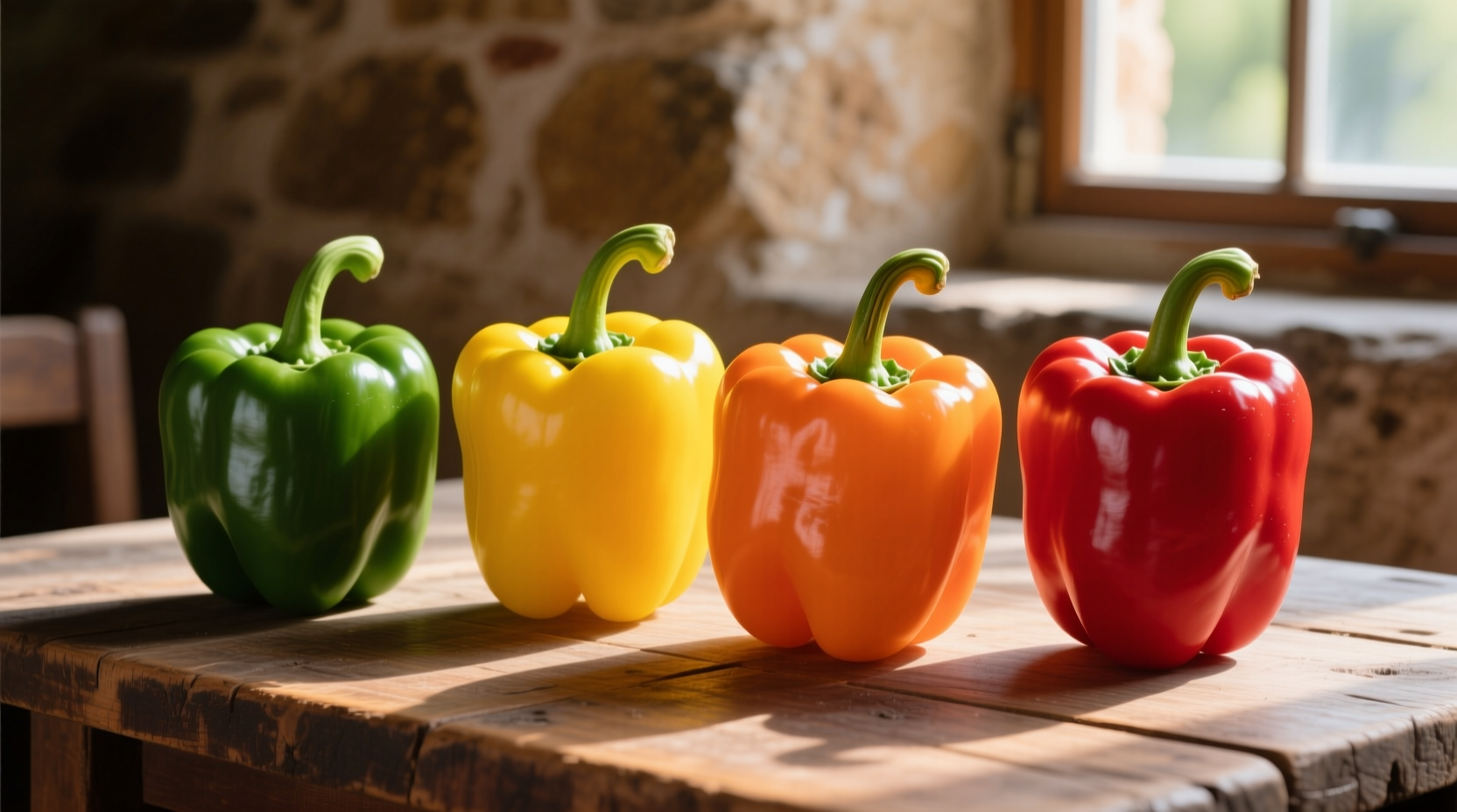 Colorful bell peppers showing green, yellow, orange and red varieties