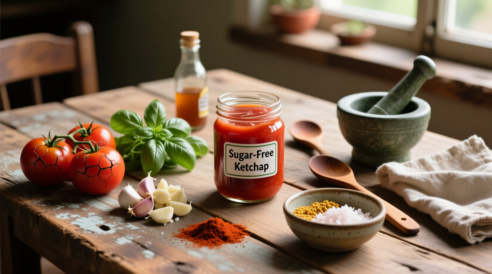 Homemade sugar-free ketchup ingredients on wooden table