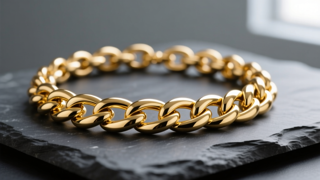 Close-up of a heavy 18mm 14k solid gold Cuban link necklace resting on dark slate, highlighting the polished interlocking links