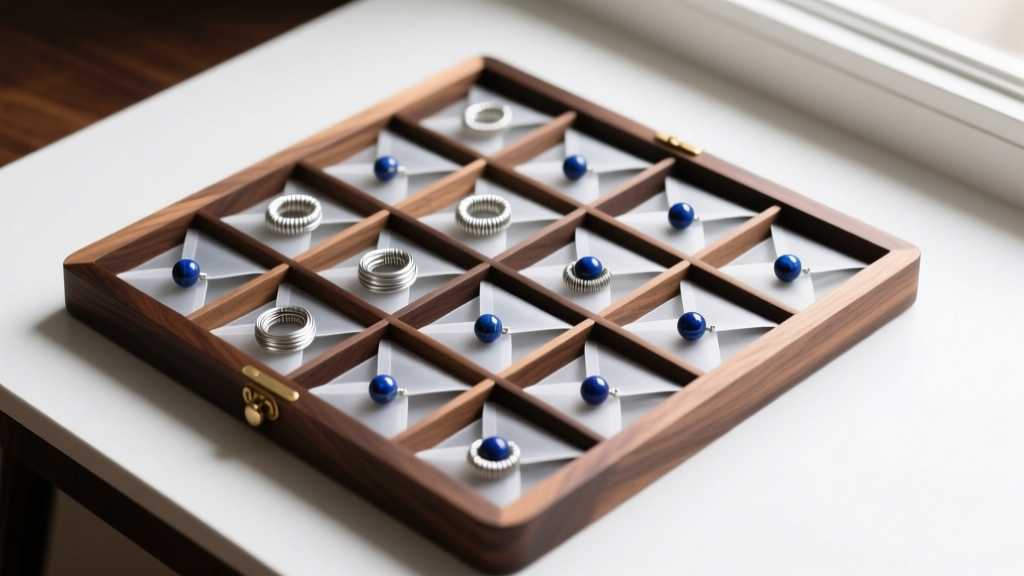 Top-down view of a wooden DIY jewelry advent calendar with glassine bags of silver wire and lapis beads on a dark desk.