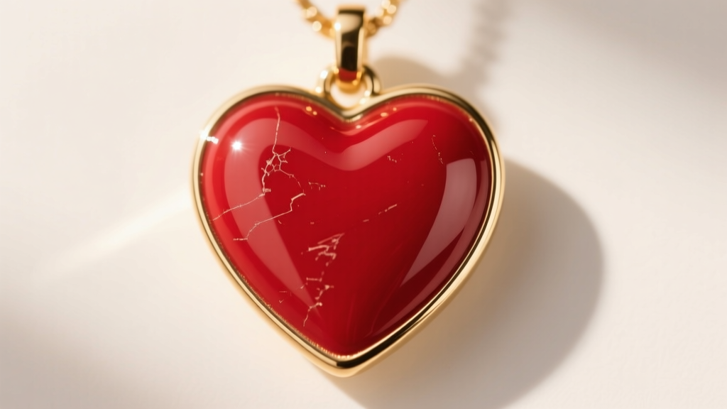 Macro shot of a red enamel BaubleBar heart pendant showing smooth resin and a gold-plated brass border in bright natural daylight