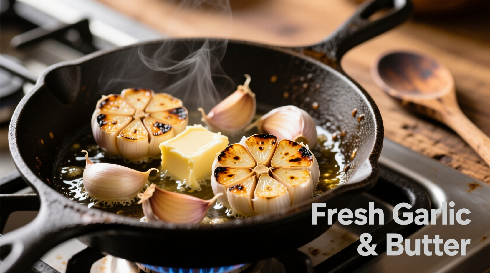 Fresh garlic cloves and butter in a skillet
