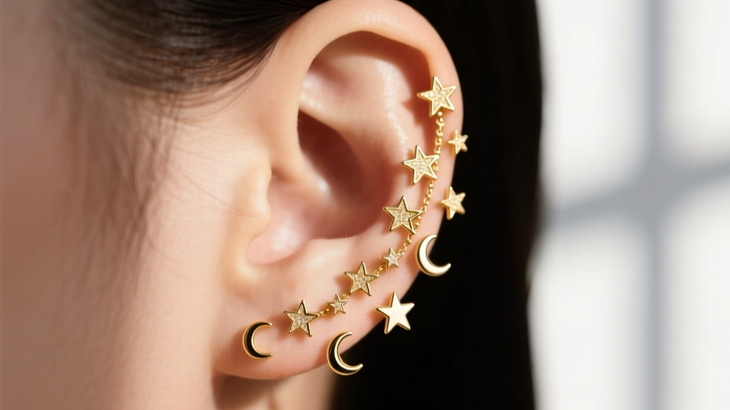 Curated ear lobe and helix featuring multiple tiny gold-plated star and moon stud earrings scattered in a cascading layout.