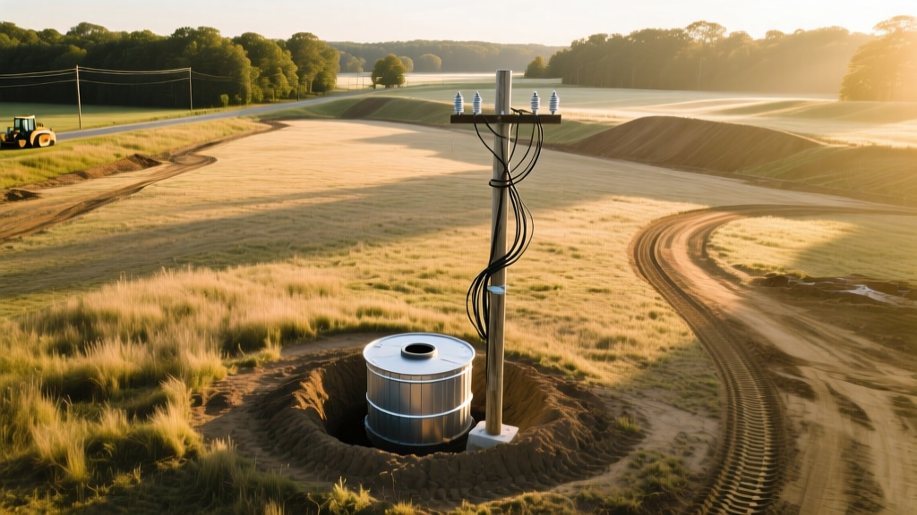Aerial view of a cleared residential building lot with a drilled well and temporary construction power pole in Charles County, Maryland