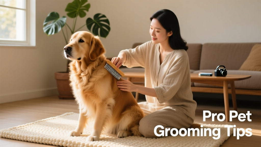 A calm dog sitting on a soft mat while being gently brushed by their owner