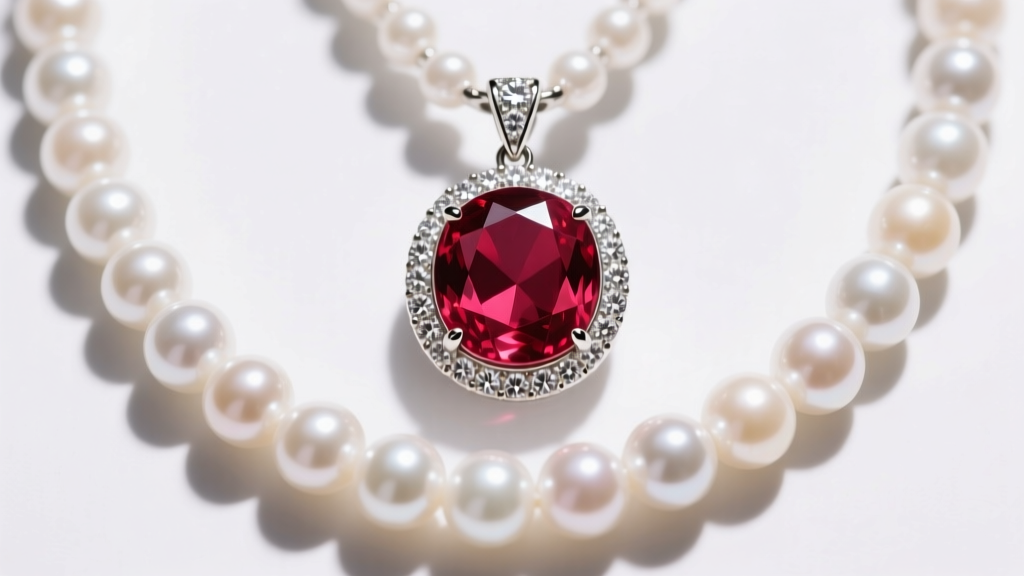 Macro shot of a ruby pendant with diamond halo suspended from a graduated white freshwater pearl strand in bright natural daylight