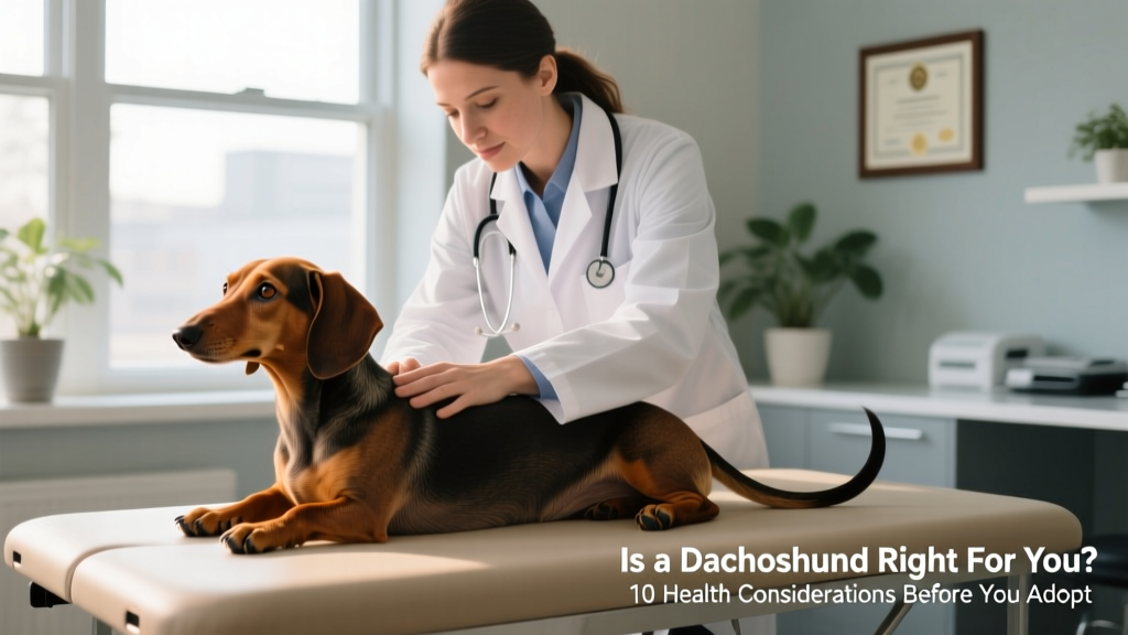 A veterinarian gently examining a Dachshund's spine during a routine check-up