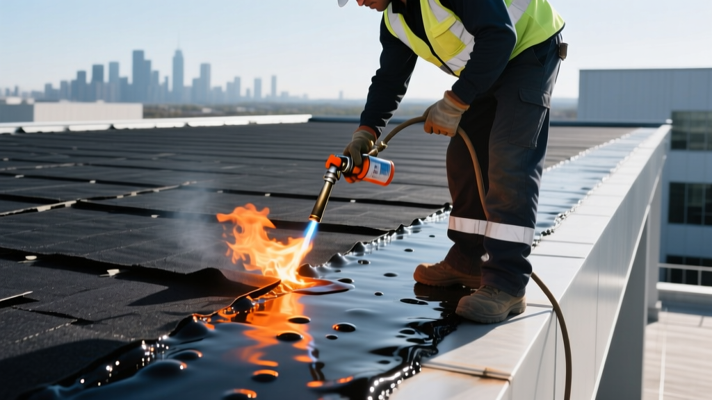 Roofing professional using a propane torch to heat-weld modified bitumen roofing material seams on a commercial flat roof