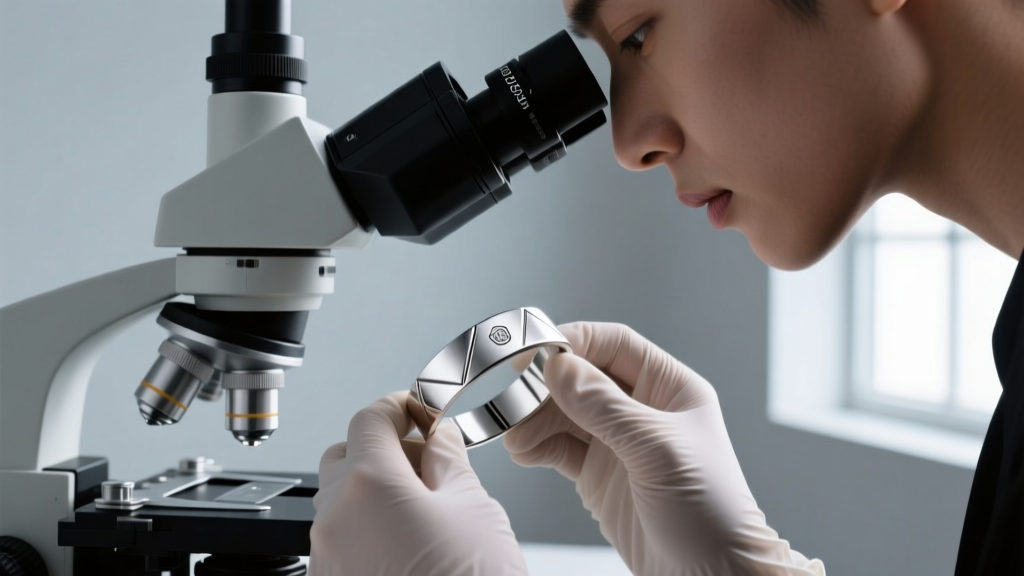 A jeweler using a digital microscope to inspect the laser-engraved purity stamp on a modern minimalist silver cuff bracelet