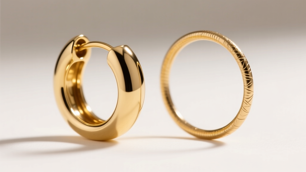 Macro shot of a 14k gold hollow tube hoop earring beside a solid wire hoop, showing thickness and structural differences clearly