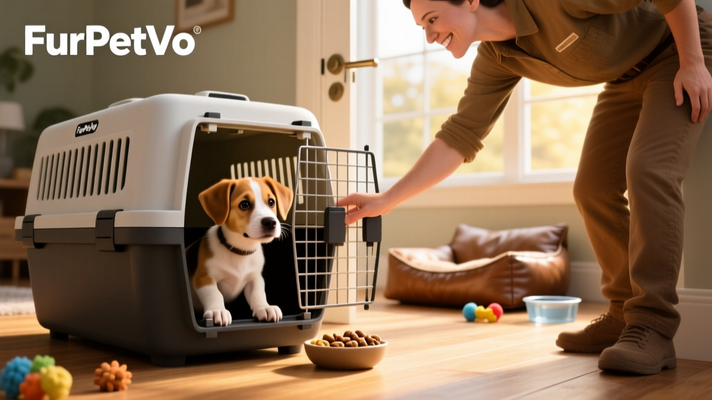 A trainer gently closing the door of a FurPetVo crate while a curious puppy looks in, with treats visible inside