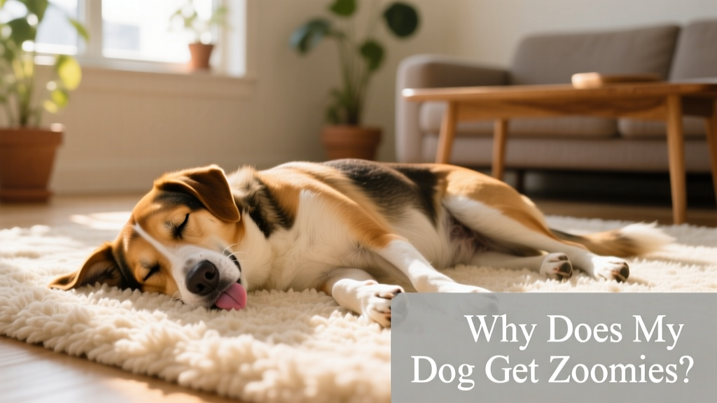 A relaxed dog lying on a soft rug, eyes half-closed, breathing slowly after a zoomie session