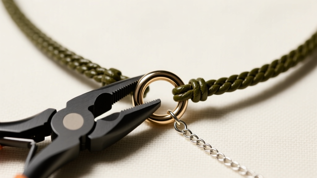 Overhead view of jewelry pliers securing a 16-gauge titanium jump ring to a leather cord necklace featuring a safety tether chain.