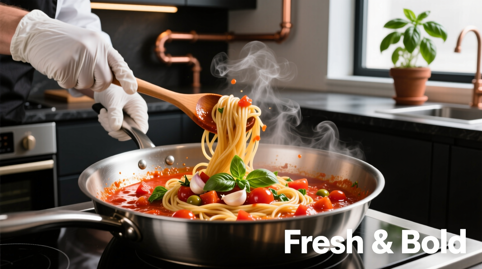 Chef preparing vibrant tomato sauce pasta in stainless steel pan