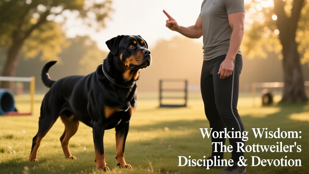 A Rottweiler calmly focused during an obedience training session with its handler