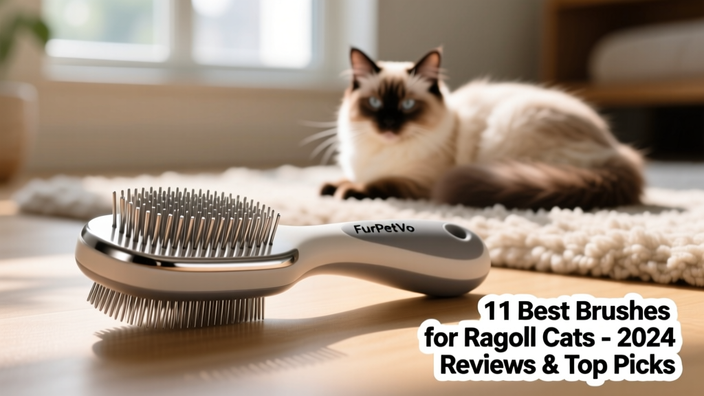 Close-up of the FurPetVo Cat Brush showing its stainless-steel bristles and ergonomic handle