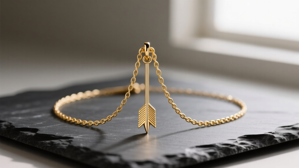 Gold vermeil stand arrow necklace on dark slate, soft lighting highlighting the vertical pendant and delicate cable chain links.
